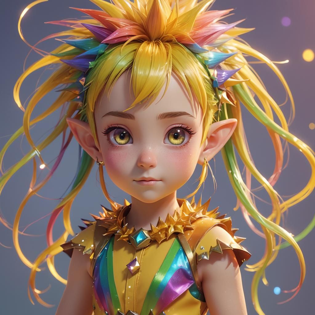 Anime Elf Portrait with Rainbow Hair in 3D