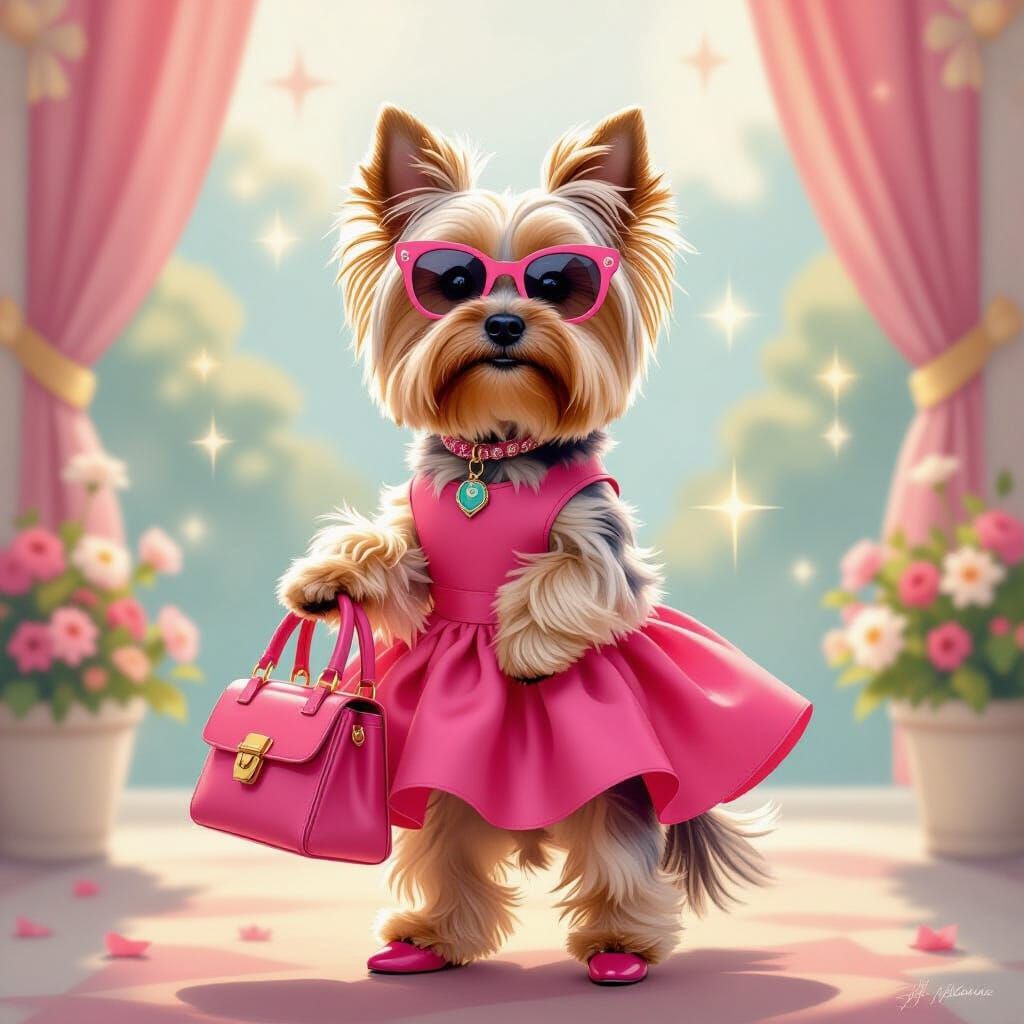 Barbie Yorkie in Hot Pink Dress With Handbag and Sunglasses