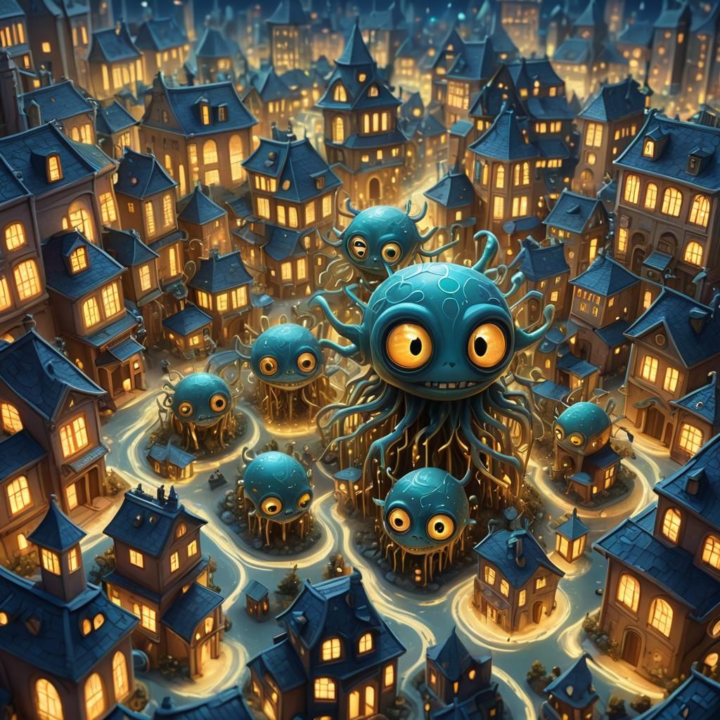 Cute Anthrax Bacilli in Whimsical City: Digital Art