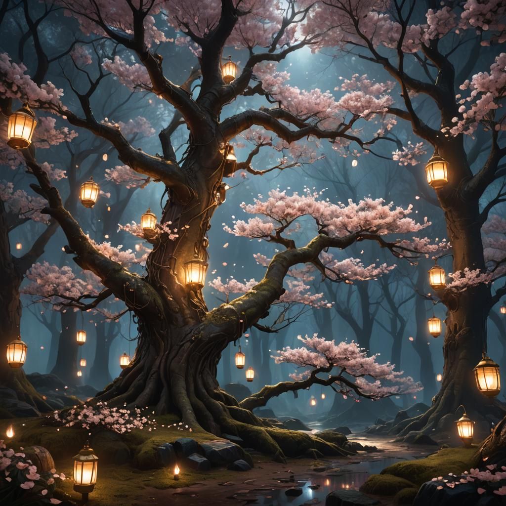 Cherry Blossom Tree in Mystical Forest at Night