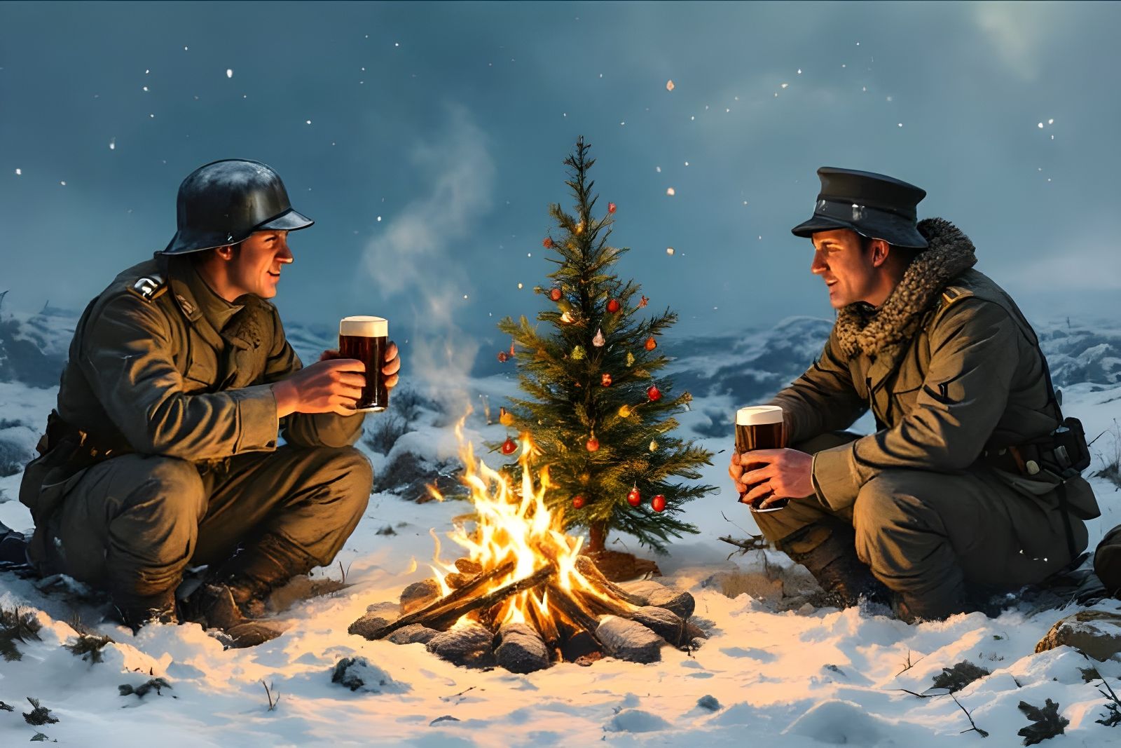 WWI Christmas Truce Soldiers by Bonfire in Snowy No Man's La...