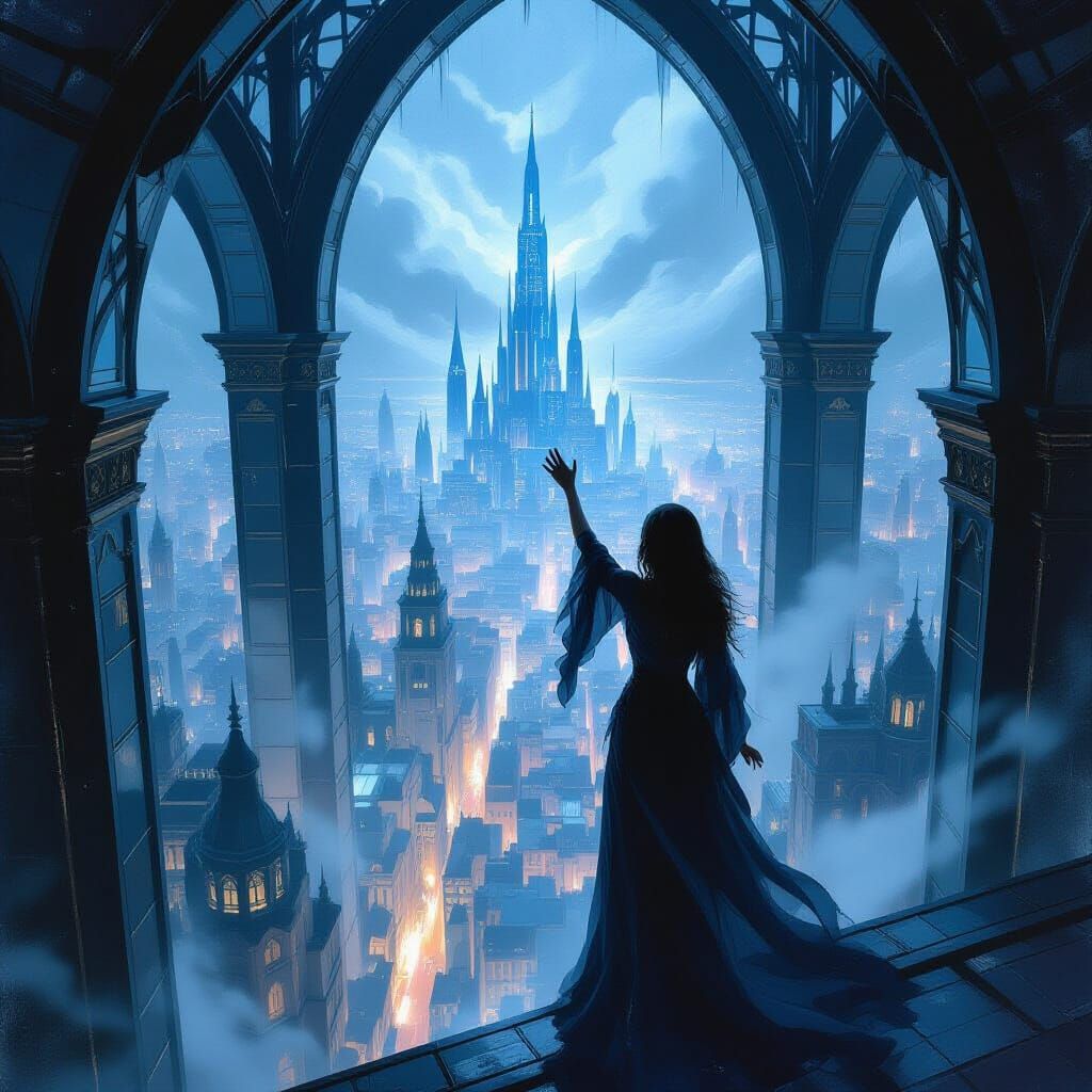 Woman Ascends Glass Tower Over Midnight City