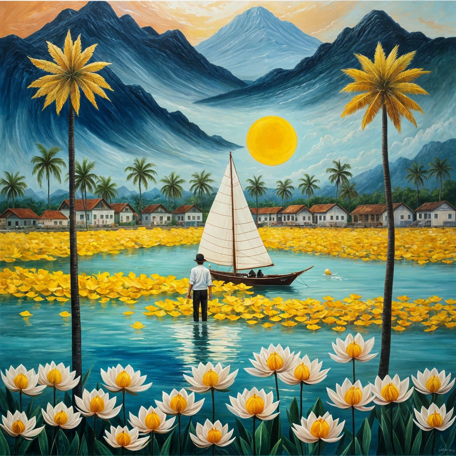 Thailand Seaside: Surreal Oil Painting in Naive Style