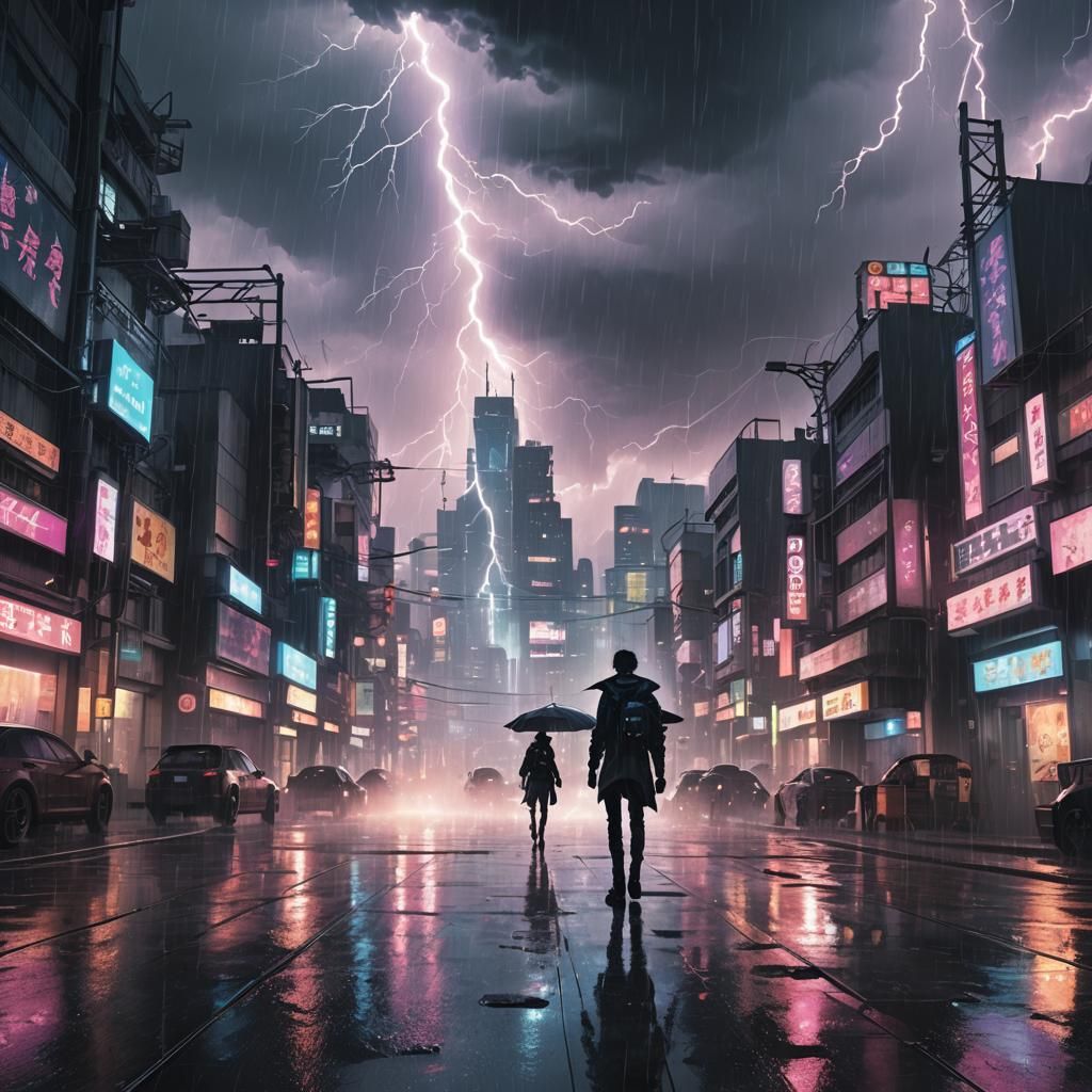 rainy day in futuristic city