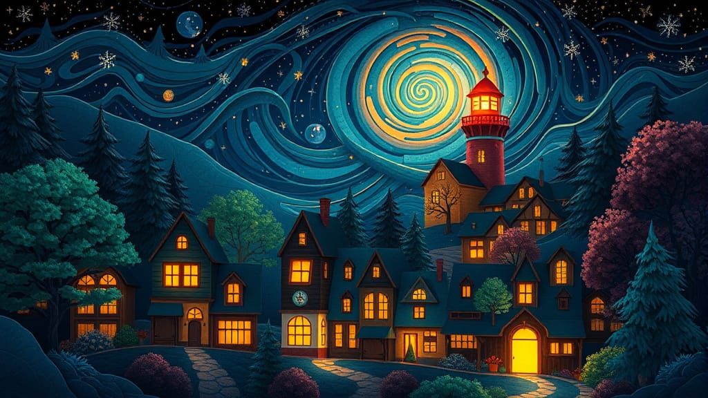 Magical Night Village with Lighthouse, in Paper-Cut Style
