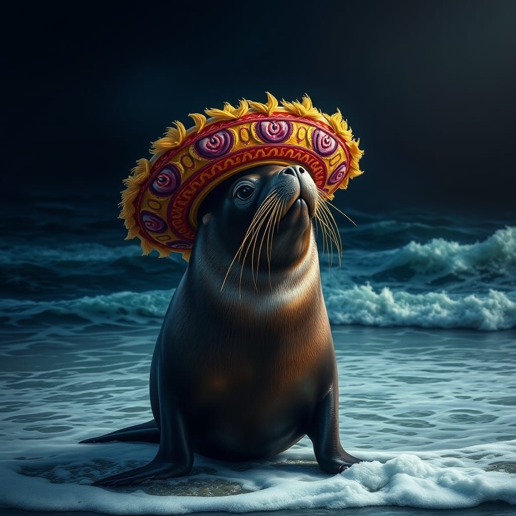 Sea Lion with Sombrero on Turbulent Shore