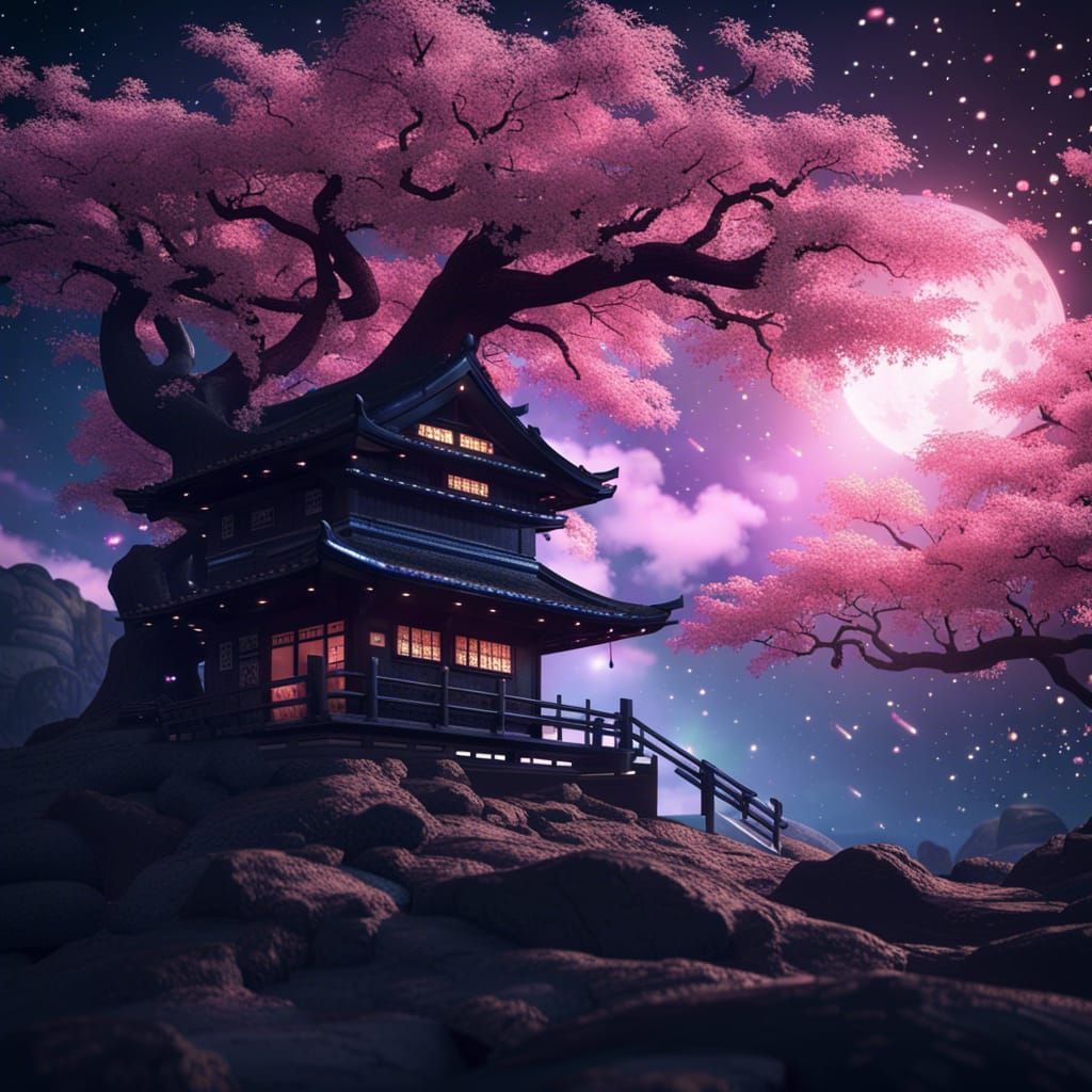Samurai Silhouette in Japanese Village with Space Background