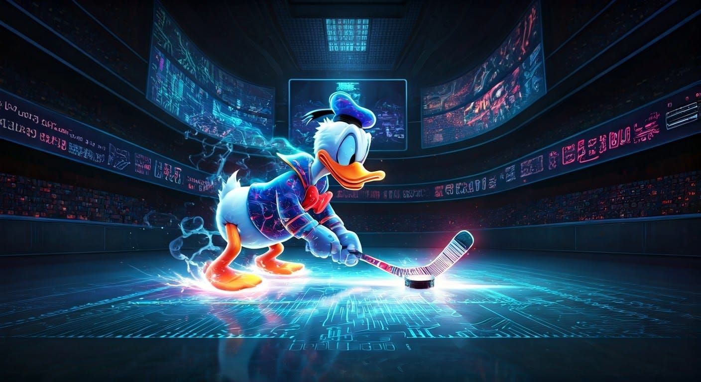 Cyberpunk Donald Duck Smashes Glowing Hockey Puck
