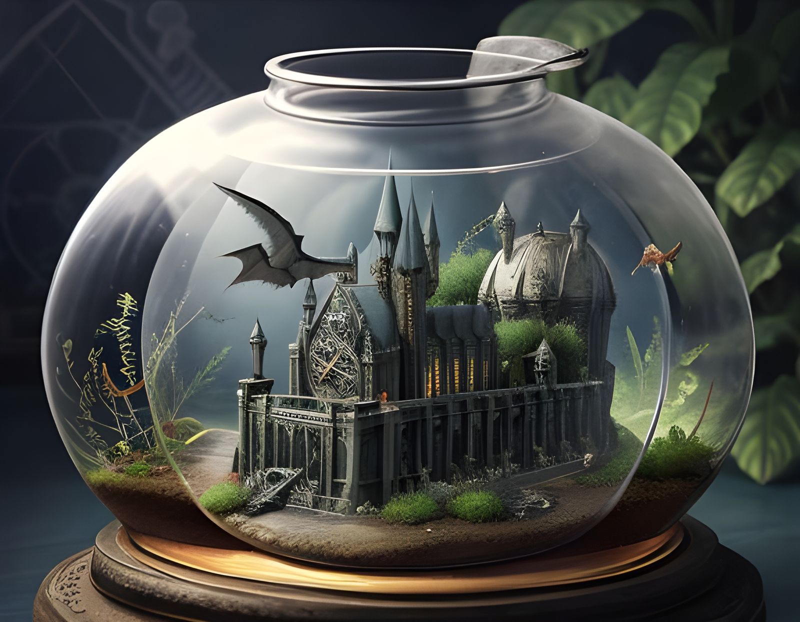 Hogwarts steampunk terrarium with pterodactyl molluscs