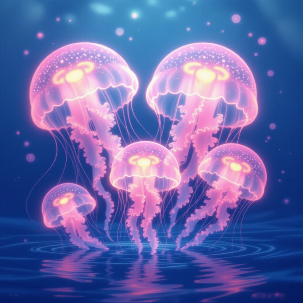 Glowing Pink Jellyfish Family in Serene Ocean