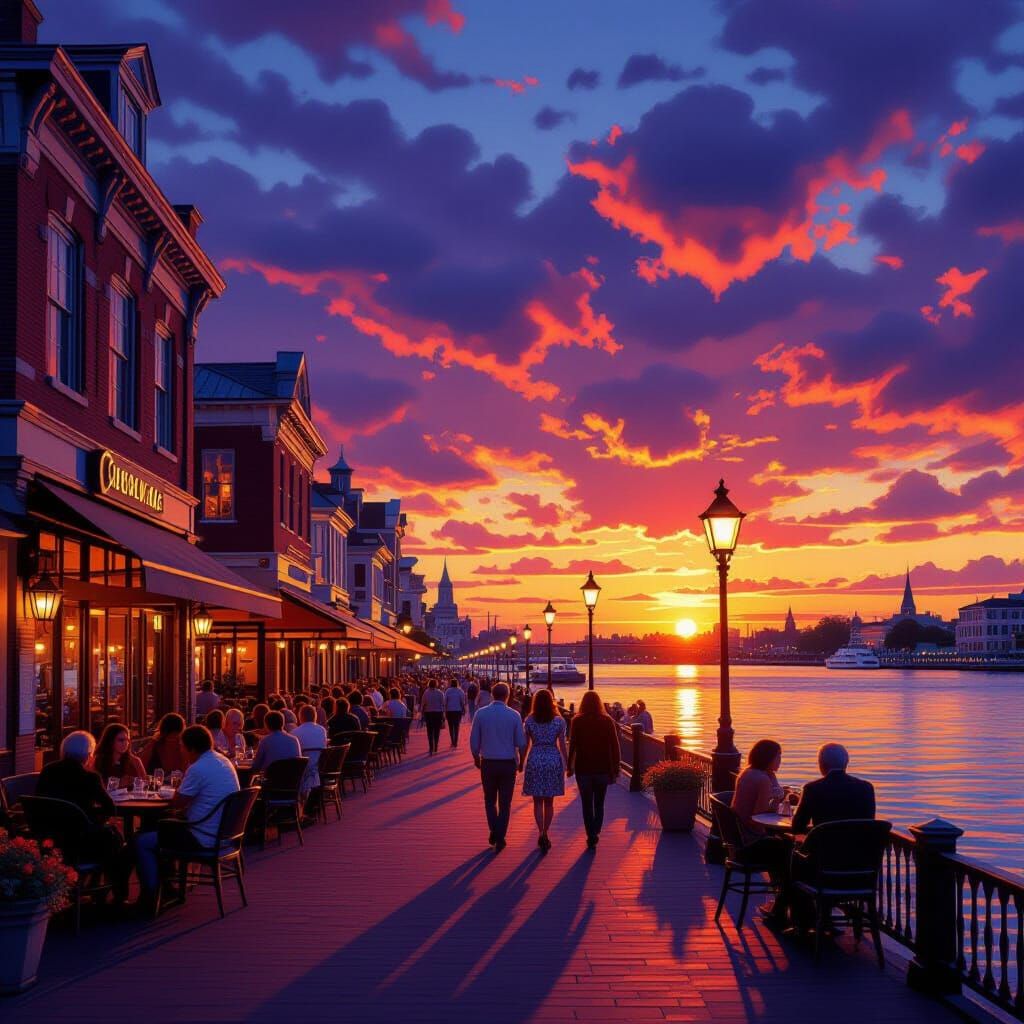 Wilmington Riverwalk at Sunset - Digital Matte Painting