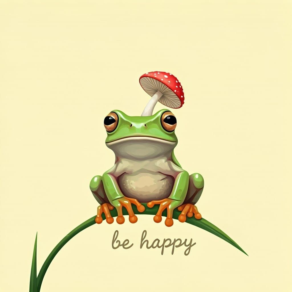 Whimsical Frog on Grass with Mushroom and Folk Art Script