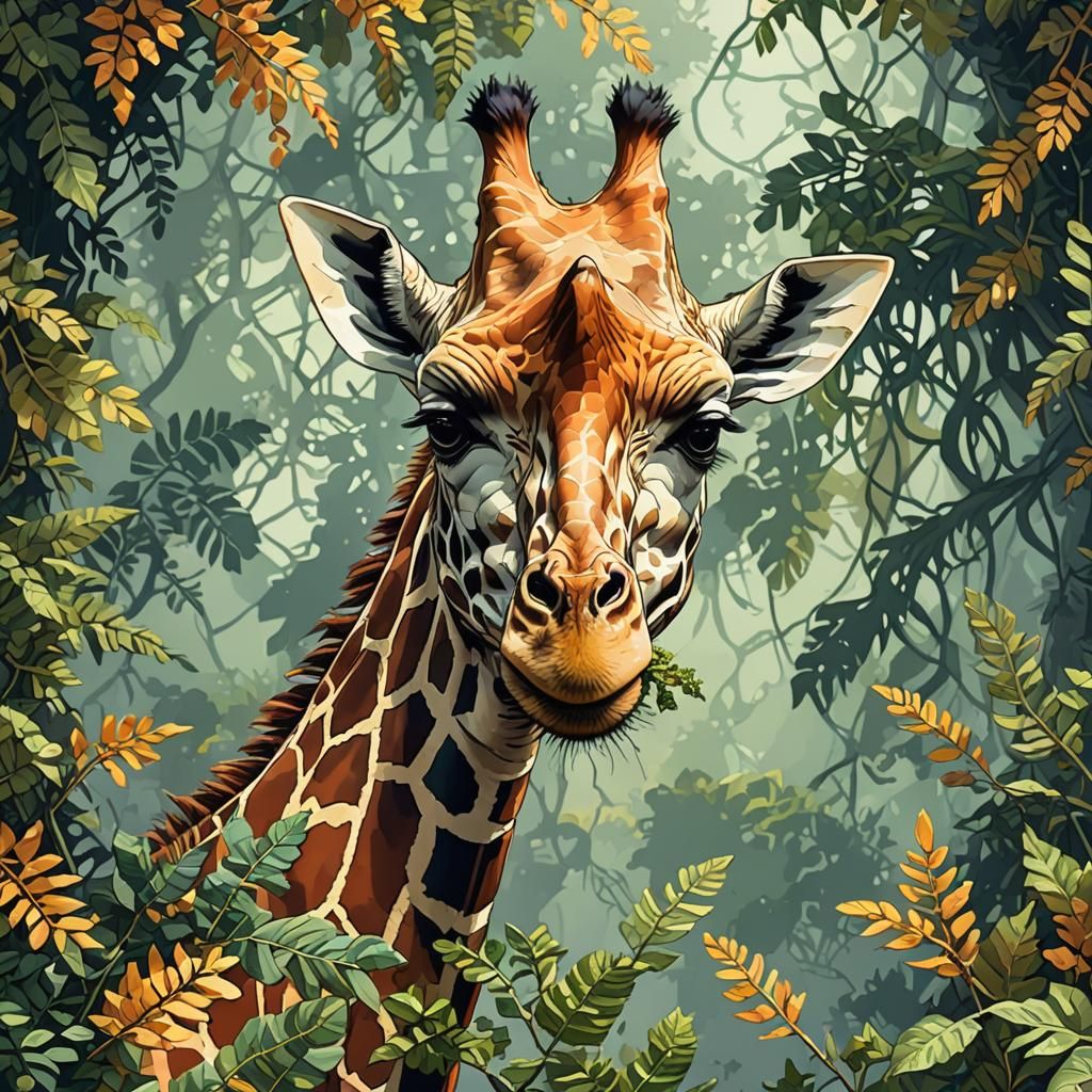 Giraffe Eating Leaves in Detailed Pixel Art