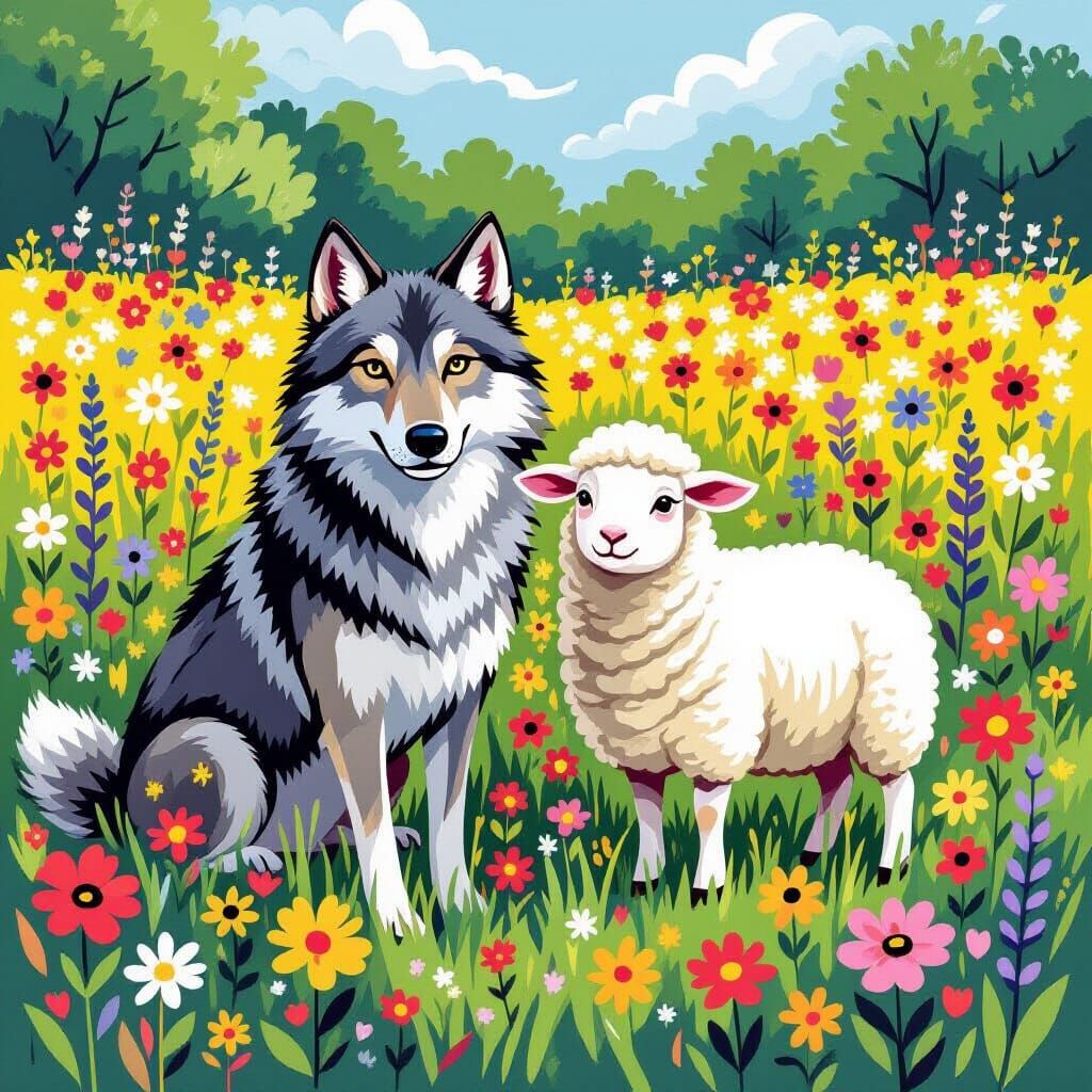 Wolf and Sheep Best Friends in Vibrant Wildflower Field