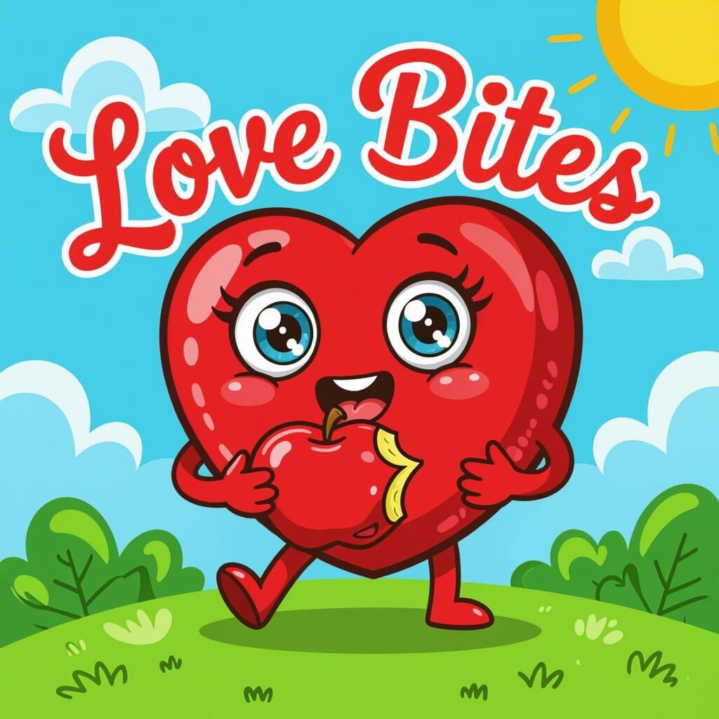 Cartoon Heart Character Bites Apple on Grassy Hill