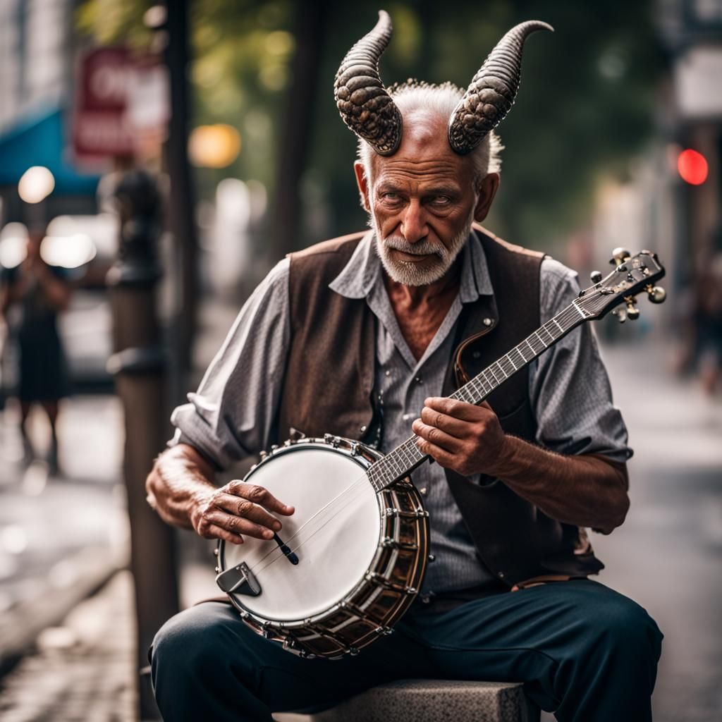 Man with Dragon Eyes Playing Banjo, Professional Photo