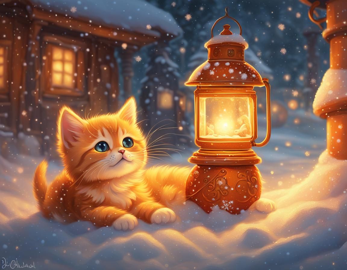 Orange Kitten in Snowy Lantern Light