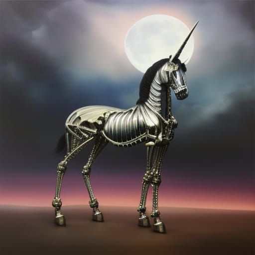 Metallic Unicorn Skeleton in Surreal Watercolor Landscape