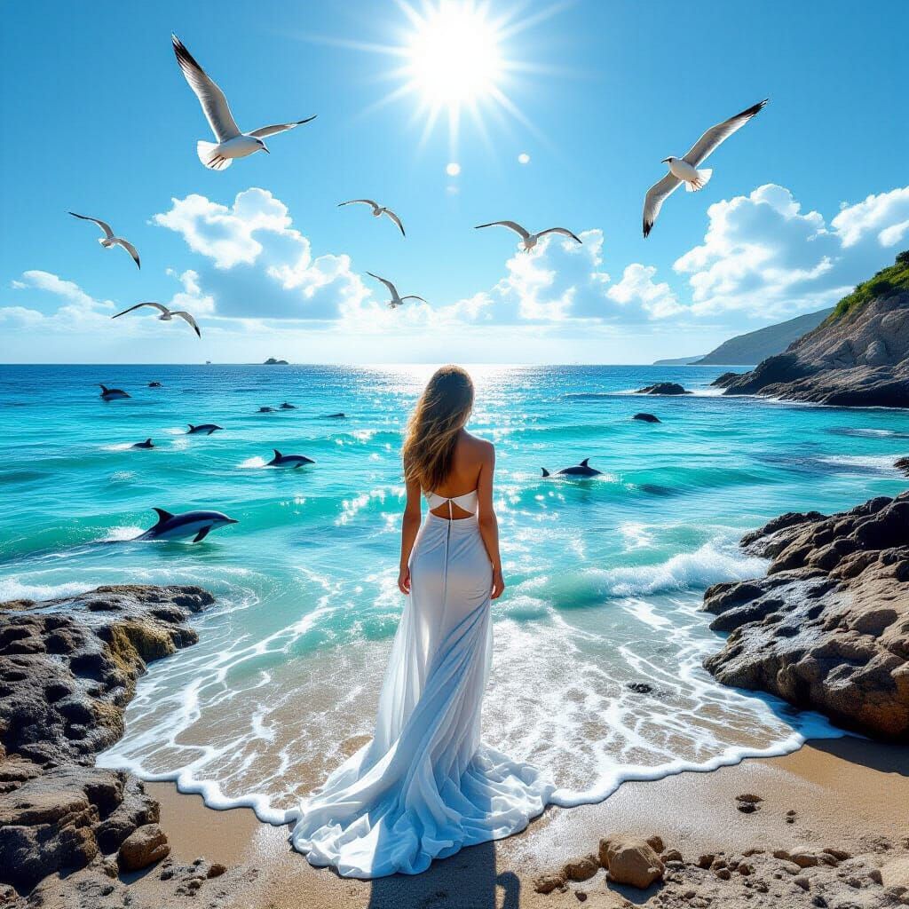 Serene Woman on Rocky Coastline, Turquoise Sea and Dolphins