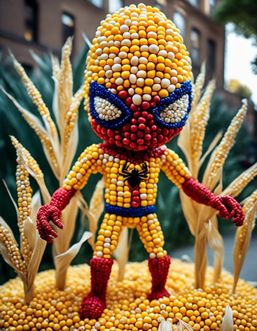 Superhero cornman humanoid Spiderman made from corn <lora:co...