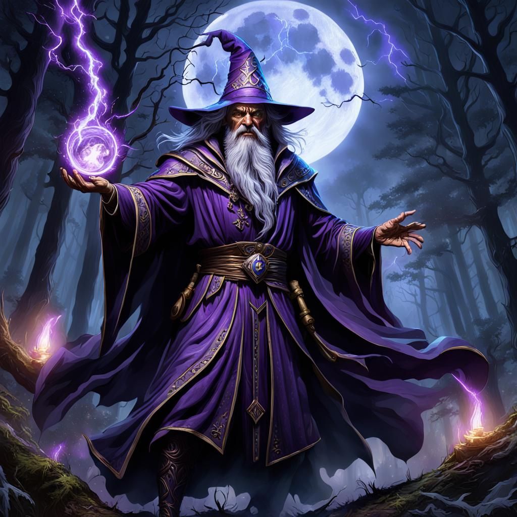 Wizard and Witch Battle in Moonlit Forest