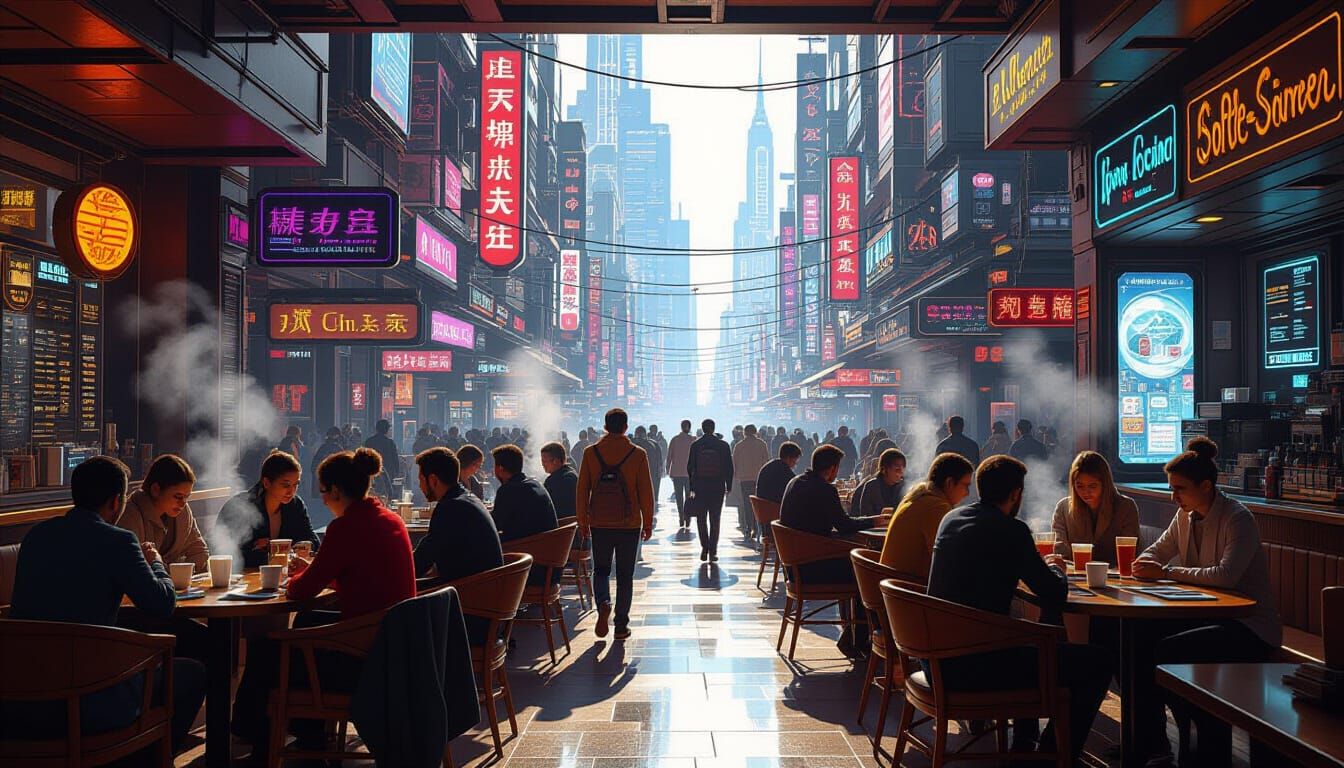 Futuristic Cafe in Neon Cityscape