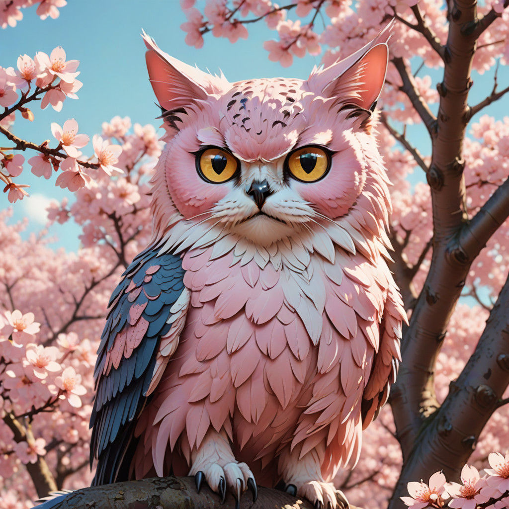 Whimsical Cat Owl Digimon Surrounded by Cherry Blossoms in P...