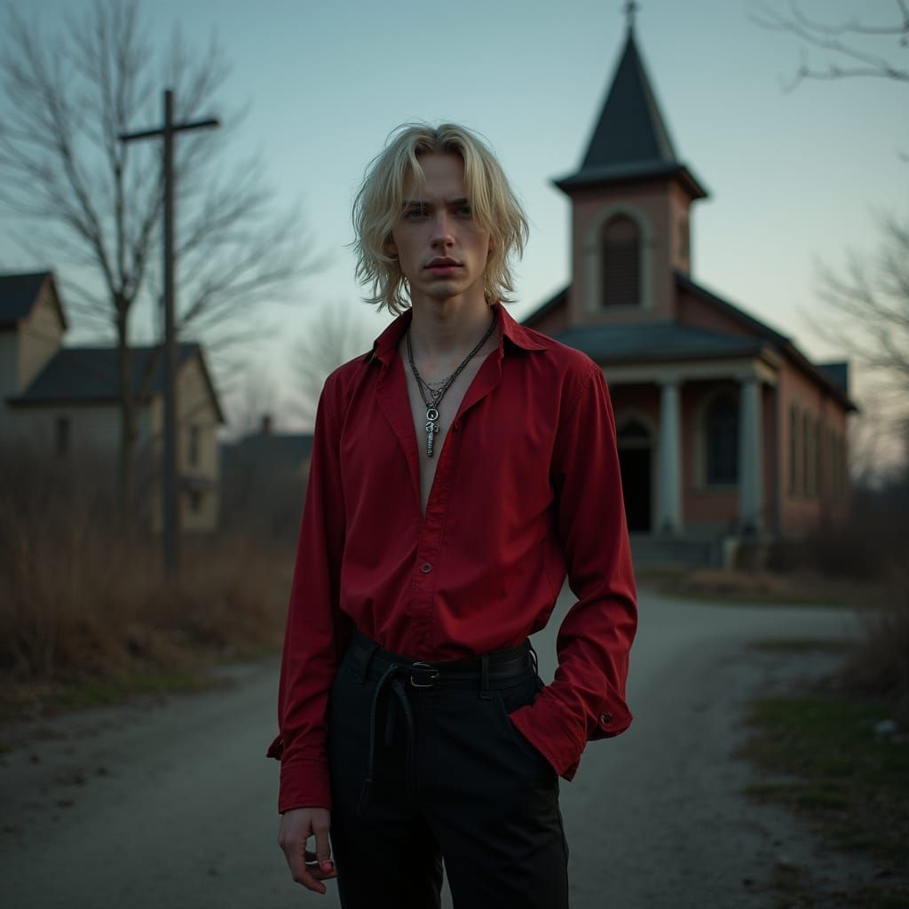 Handsome Man in Victorian Shirt near Abandoned Church