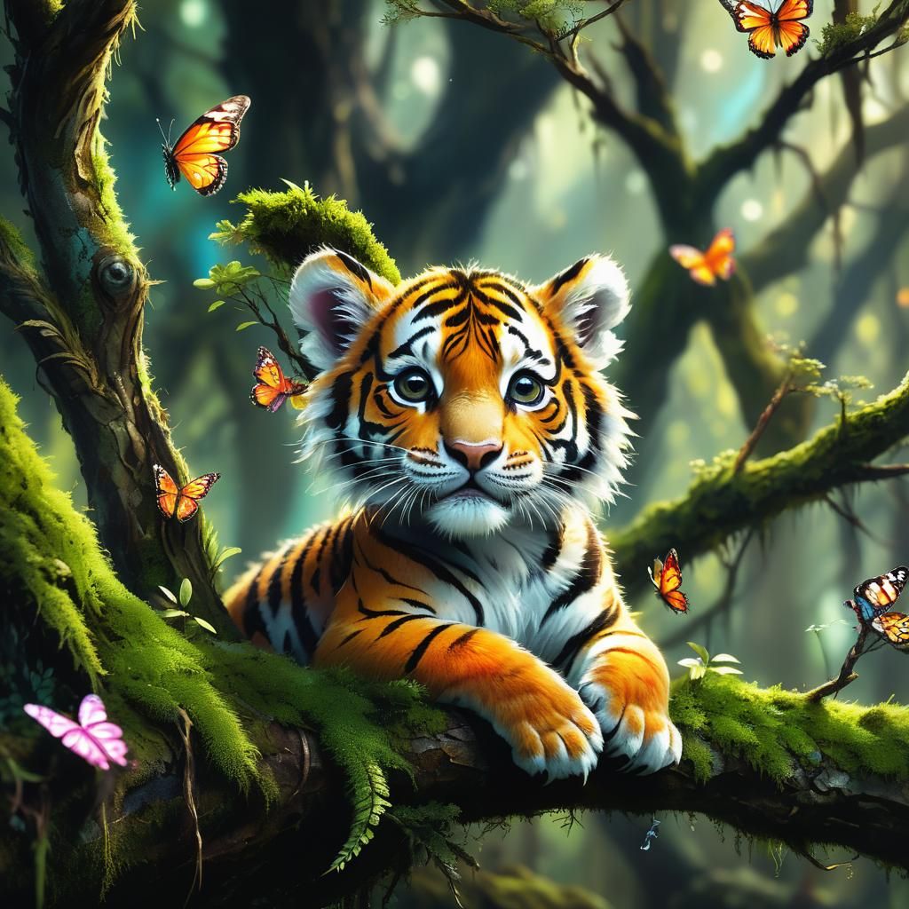 Butterfly-Winged Tiger Cub in Mystical Forest
