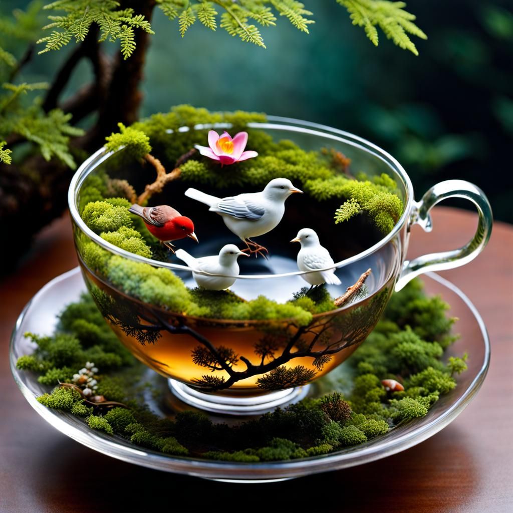 Miniature Ancient Forest Inside a Carved Teacup