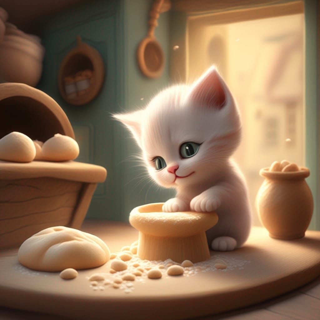 Kitten Kneading Dough in Whimsical Bakery