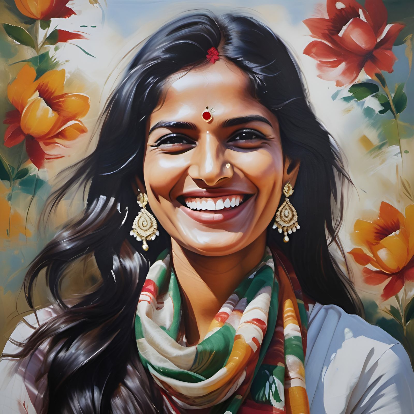 Indian Woman Portrait with Floral Scarf as Oil Painting