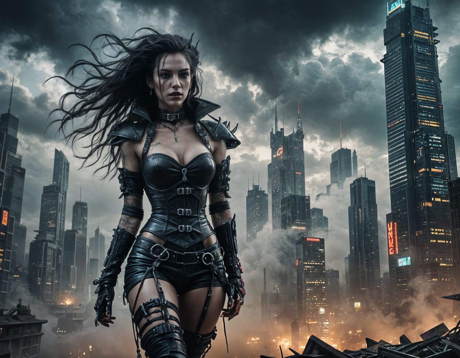 Cyberpunk Vampire Embraces Swooning Woman