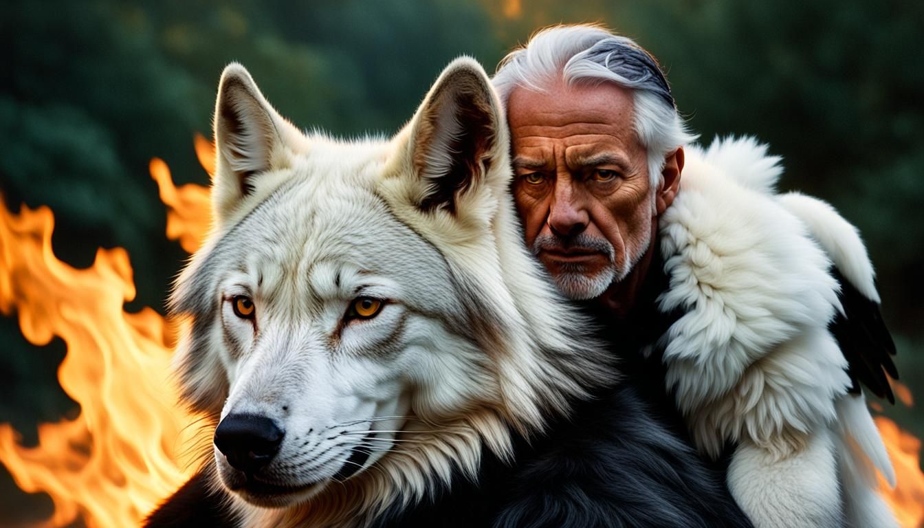 Fiery-Winged Wolf and Feline Companion: Photorealistic Portr...