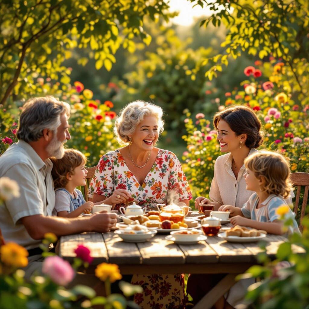 Family Garden Gathering in Impressionistic Film Still Style