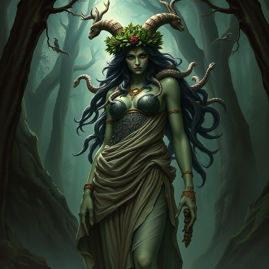 Mythical Gorgon in Dark Forest, Dramatic Lighting