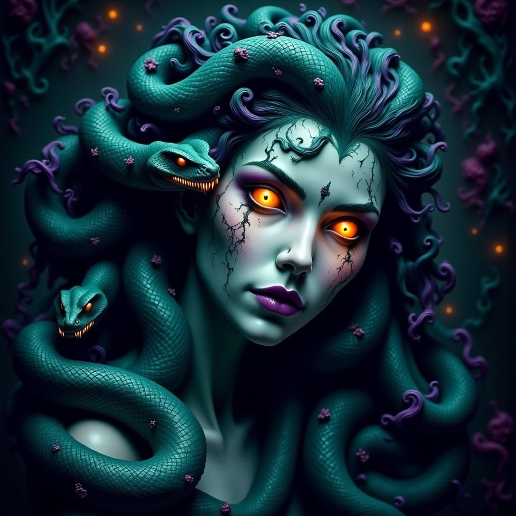 Mystical Medusa in Turquoise Blue-Green Hues, Dark Fantasy C...