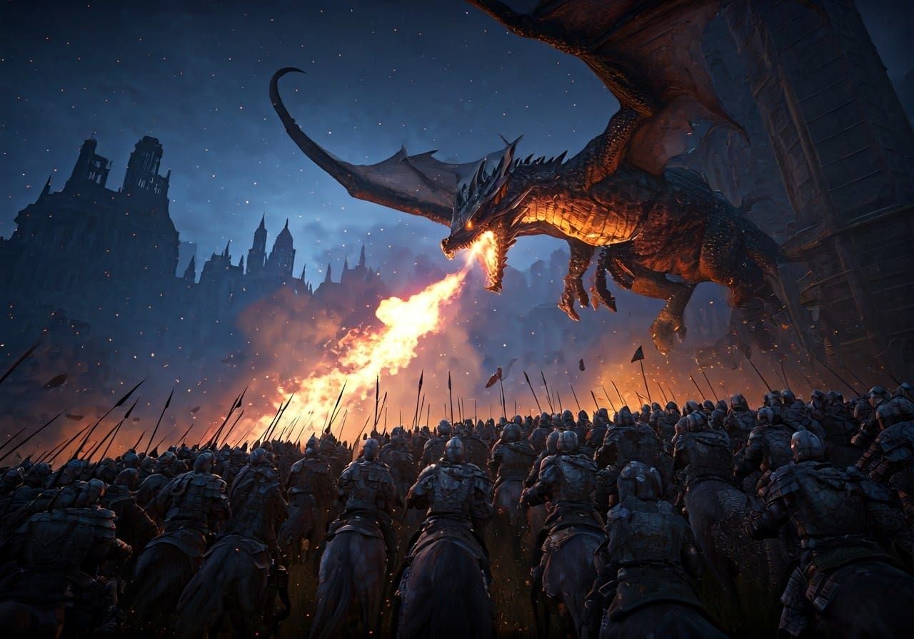 Fantastical Night Battle Scene with Armored Knights and a Fi...