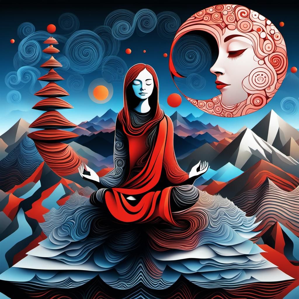 Meditating Woman with Abstract Fractal Elements