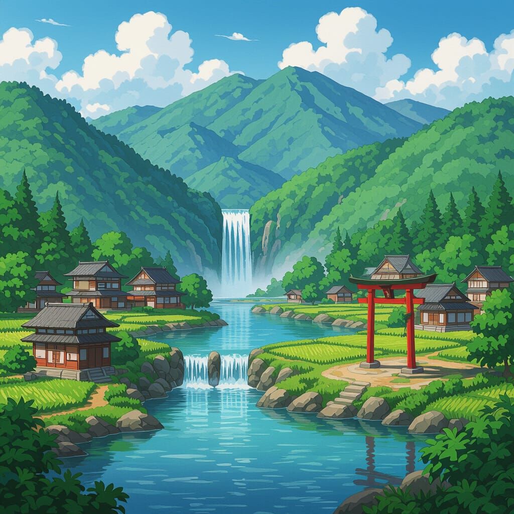 Feudal Japan Landscape with Waterfall and Village