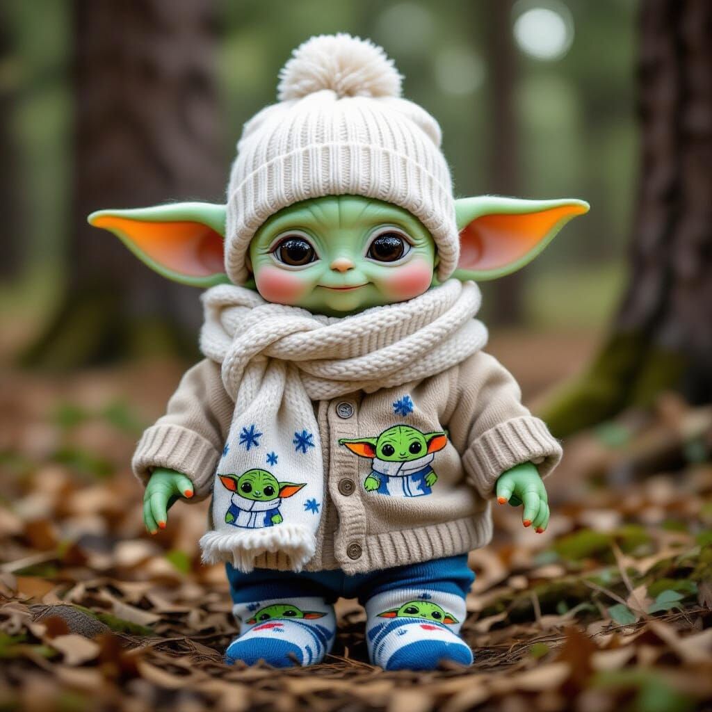 Adorable Baby Yoda in Winter Forest