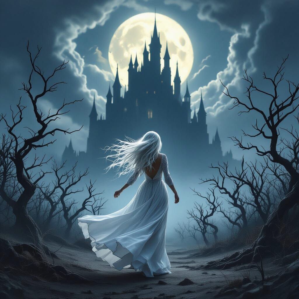 Mysterious Woman in White Dress Amidst Barren Trees