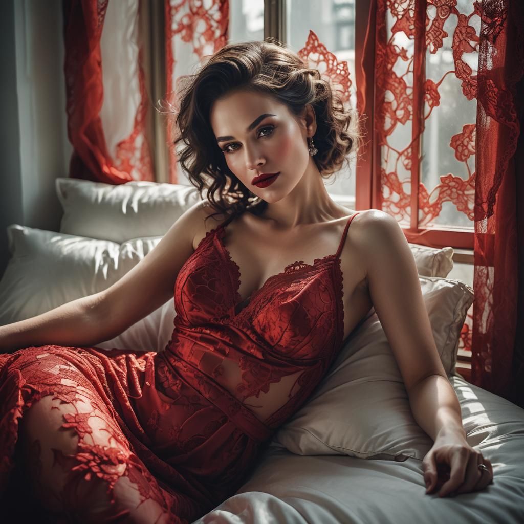 Elegant Woman in Red Lace: Fine Art Photography