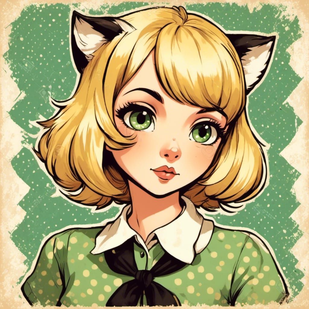 Anime Cat Girl with Blonde Bob in Vintage Style