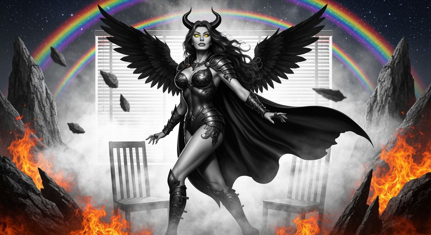 Fallen Angel Warrior Sophia Loren in Infernal Landscape Comi...