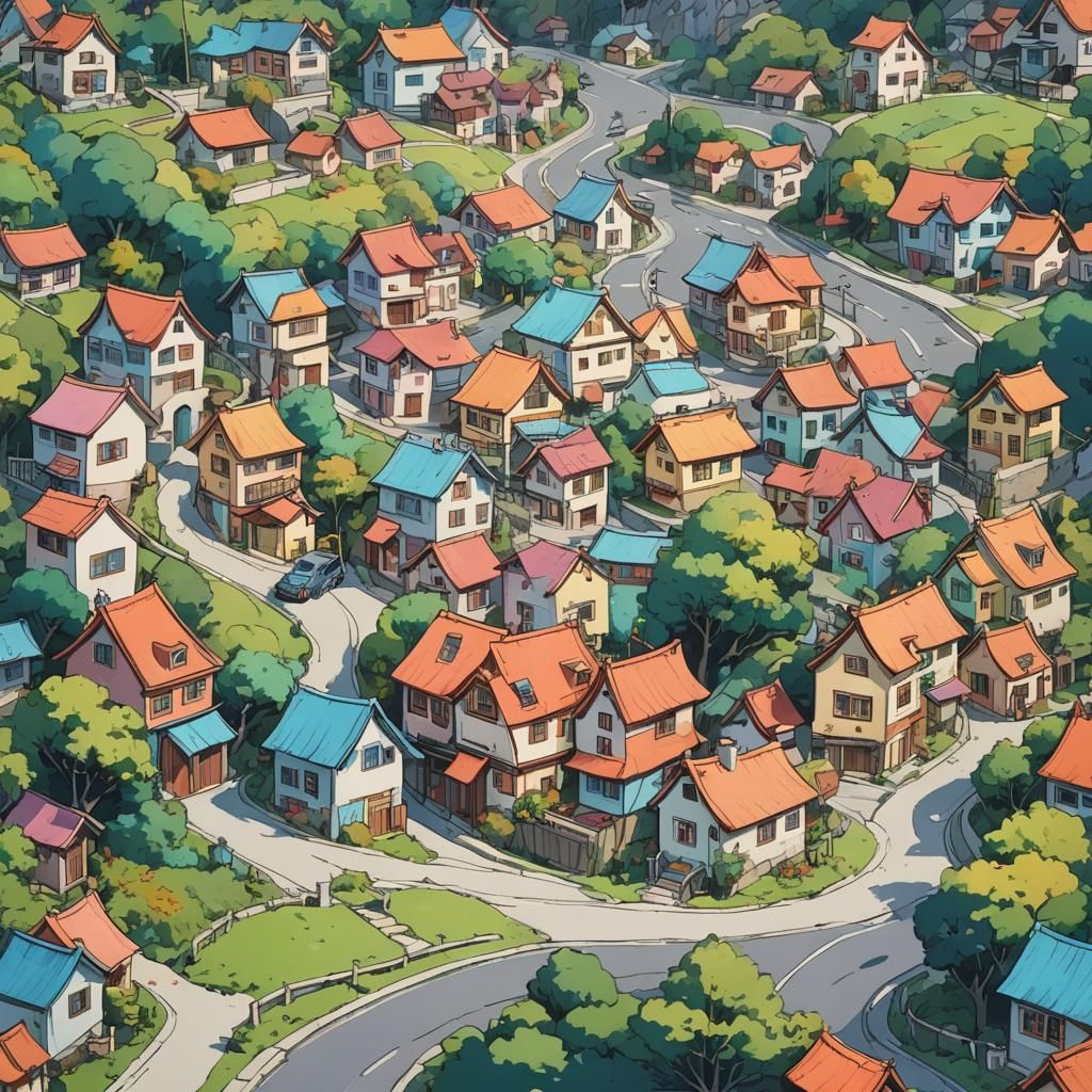 Whimsical Townscape in Anime Style with Funny Houses