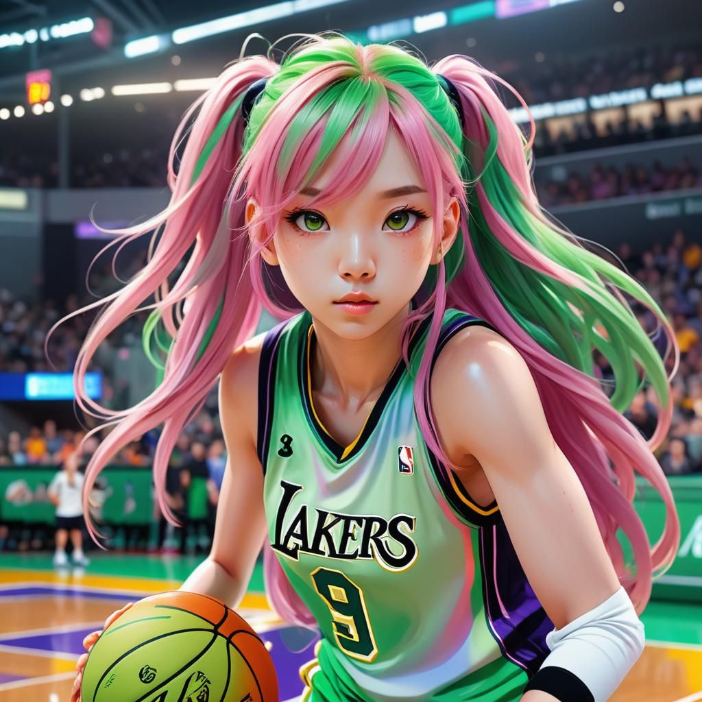 Anime Basketball Player with Flowing Pink Hair