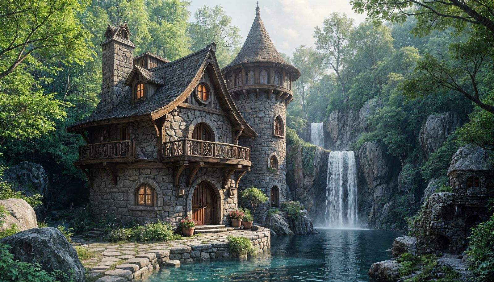 Rustic Elven Cottage in Wooded Gorge, Detailed Matte Paintin...