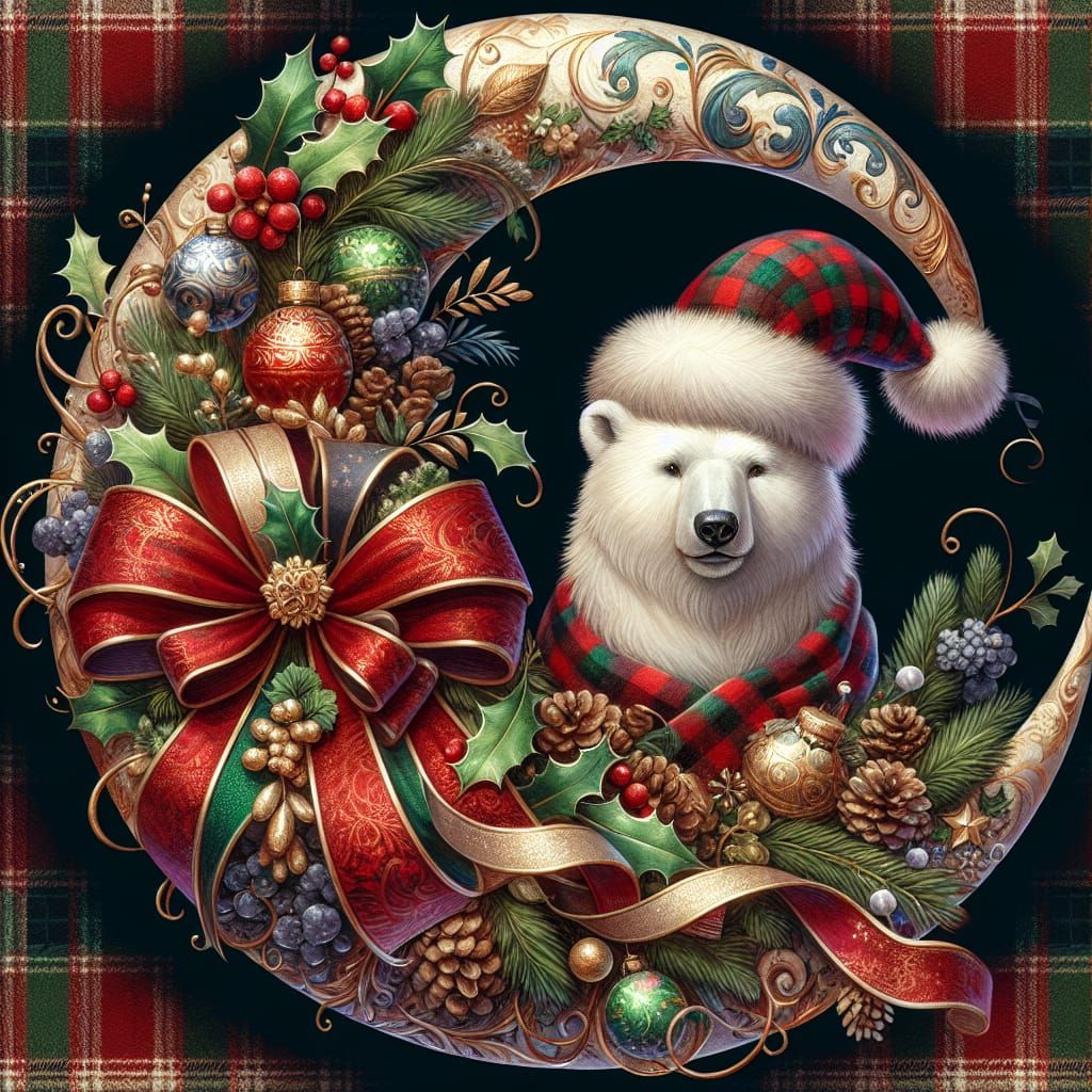 Christmas Crescent Wreath with Polar Bear in Oil and Water S...