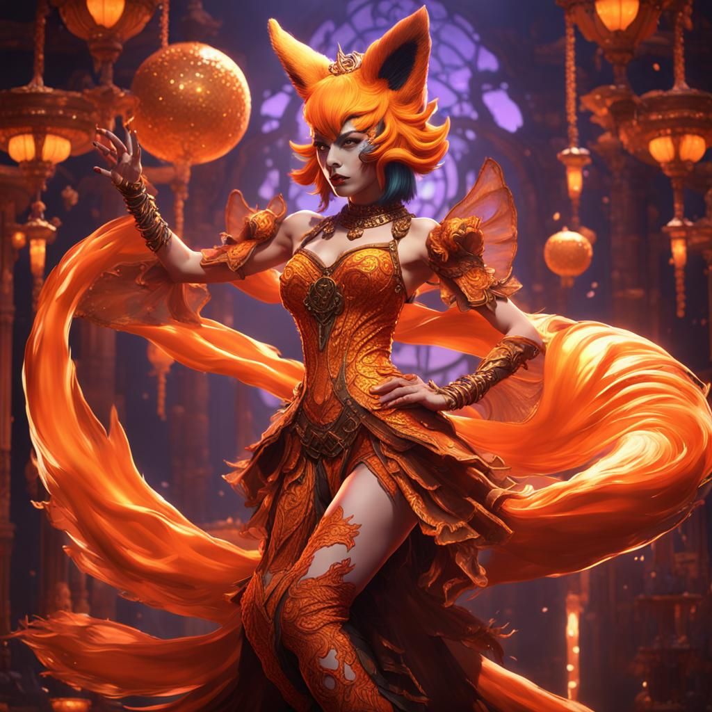 Orange Slime Kitsune Burlesque Dancer in Fantasy Art